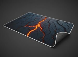 Lava Field desk mat shown on a dark studio background with one corner lifted to show the non-slip base