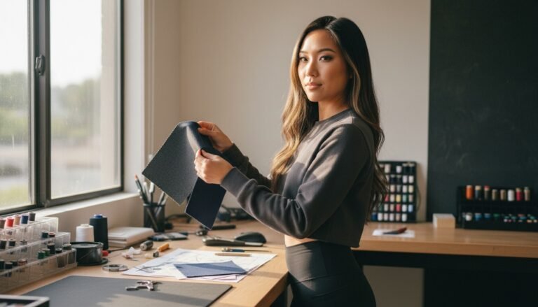 Lana examining fabric weave textures near a clean wooden desk setup with natural light.