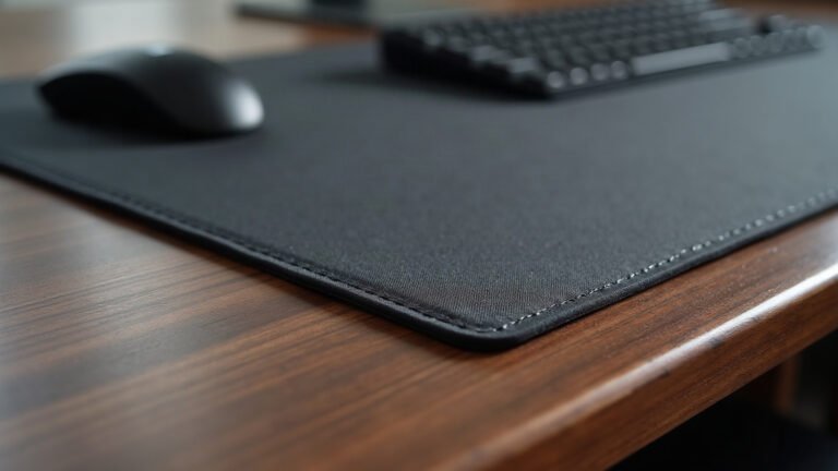 Close-up of tight overlock stitched edge on a dark desk mat sitting on a wooden surface