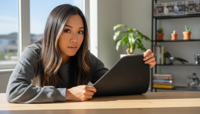 A woman inspecting the edge stitching and rubber base of a mouse pad at a clean wooden desk.