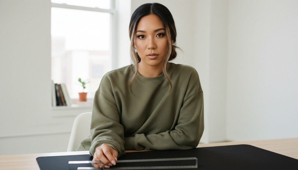 Woman in an olive sweatshirt measuring an extended desk mat with a metal ruler on a bright wooden desk